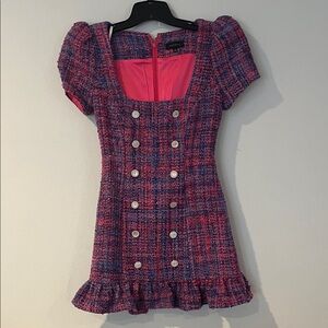 Pink Purple blue puff sleeve Tweed Mini Dress
